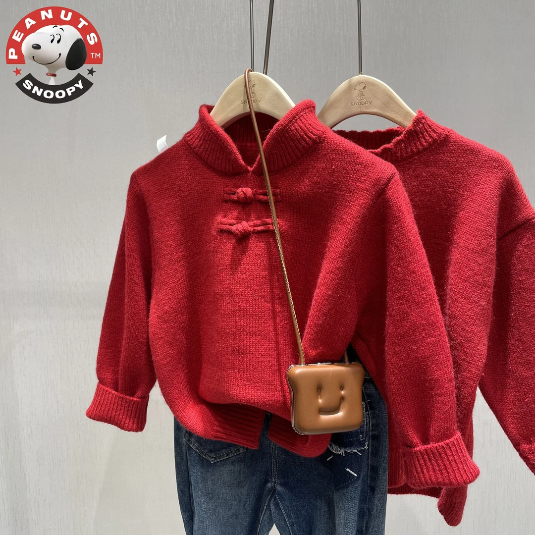 Snoopy/史努比儿童男童女童宝宝半高领红色国风毛衣大童男孩