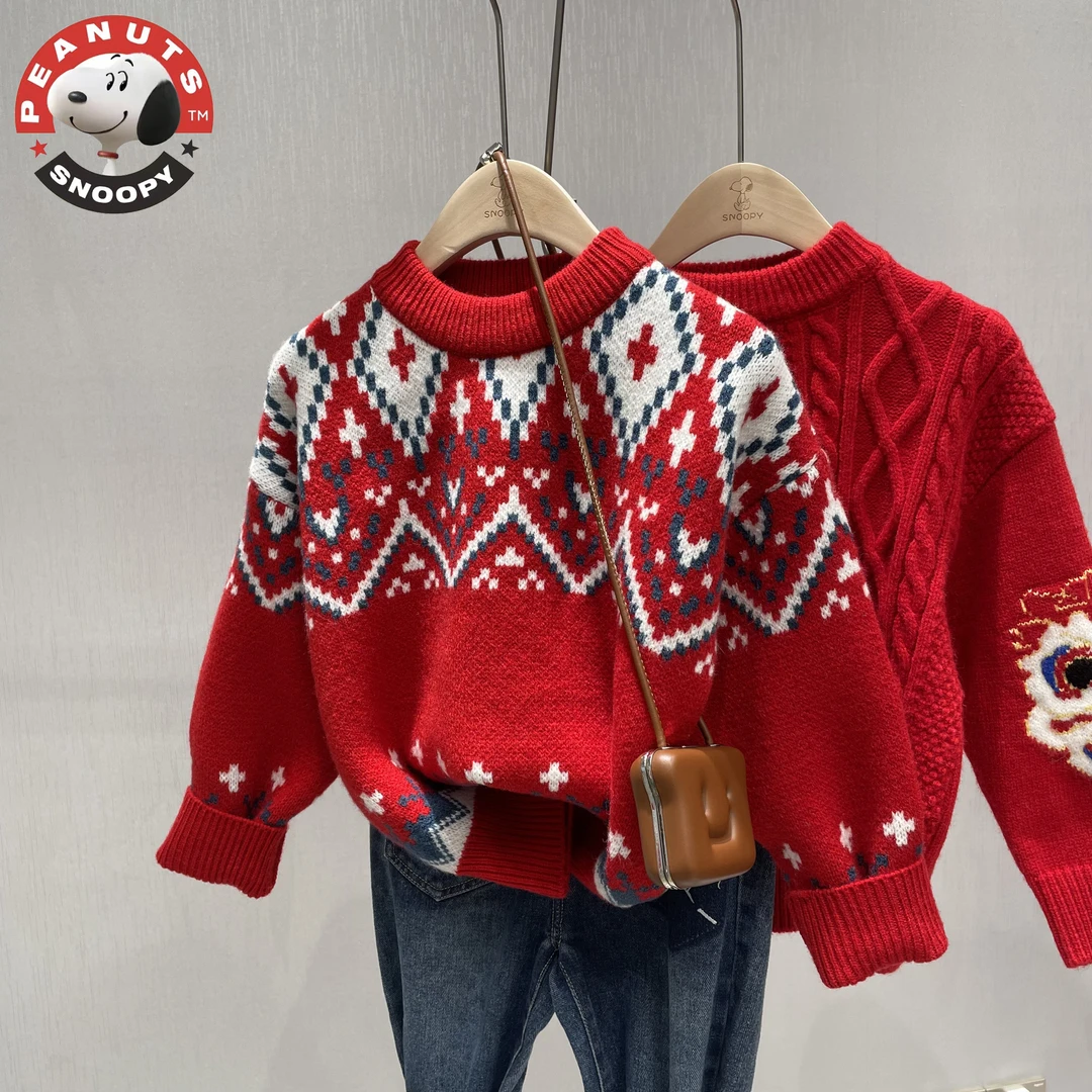 Snoopy/史努比儿童男童女童半高领新年红色费尔岛提花毛衣