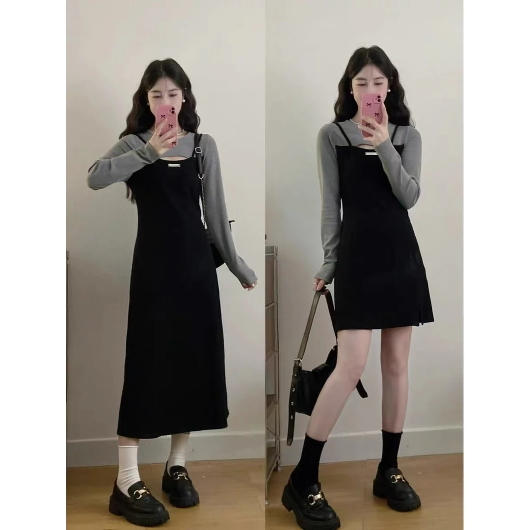 设计感撞色镂空假两件长袖连衣裙新款秋季收腰显瘦裙子8058---