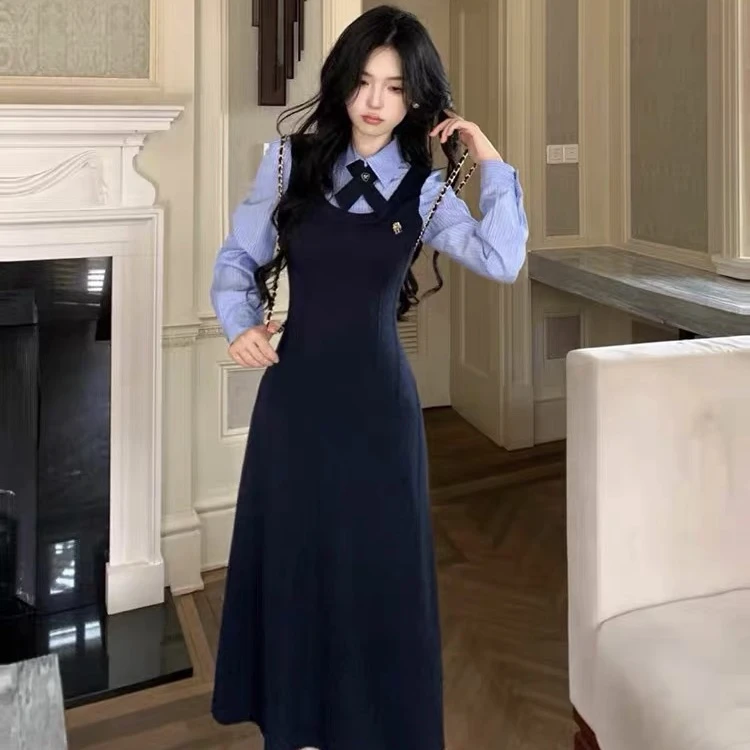 复古藏蓝色假两件连衣裙女秋季学院风气质减龄甜美收腰长裙少女裙
