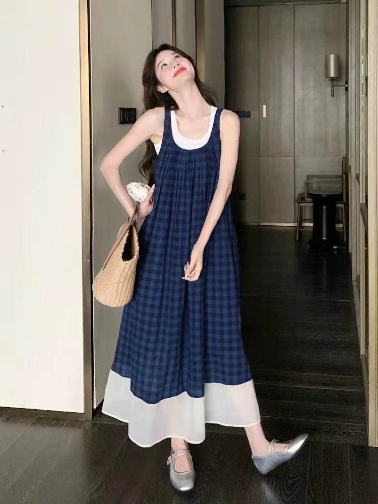 蓝色格子无袖连衣裙法式文艺风森系复古小清新度假吊带背心裙L938