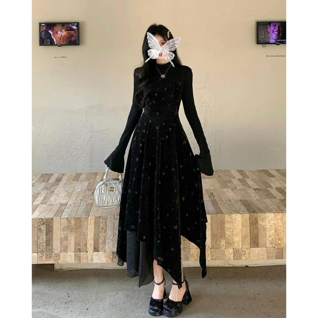 韩系赫本连衣裙女秋冬新款拼接磨毛收腰长袖针织小黑长裙8198