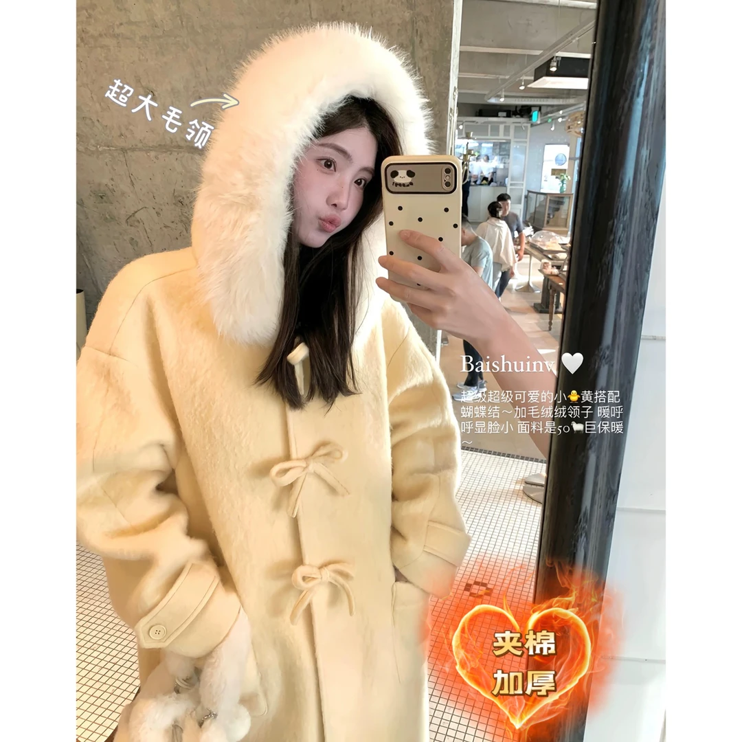 【蝴蝶结小姐】毛领连帽大衣女秋冬韩系氛围感保暖长款外套8232