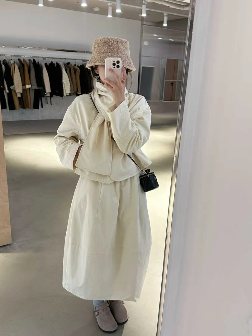 时尚简约风格保暖棉服外套(配围脖可拆卸)简约风格半身裙套装8192