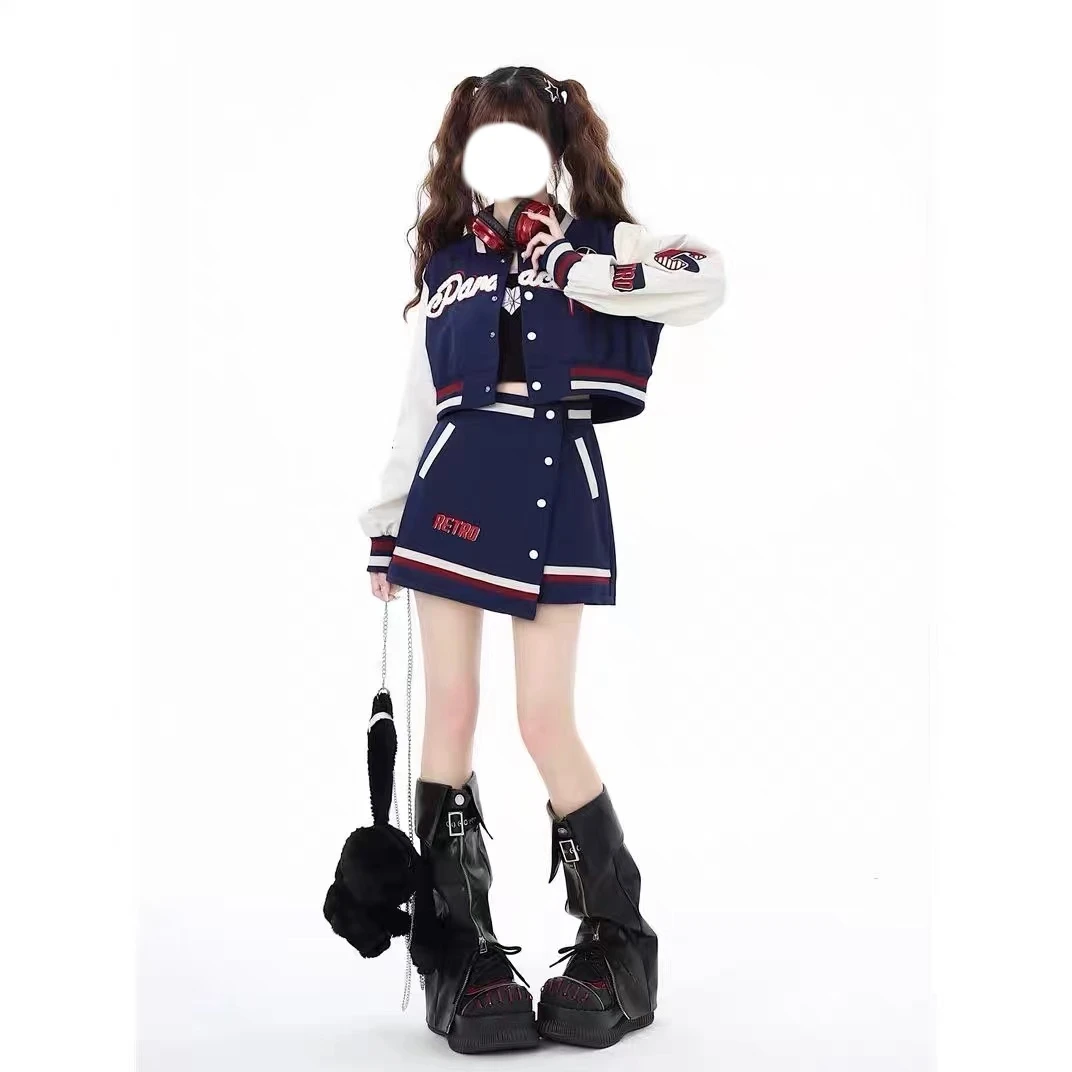 早秋复古棒球服宽松百搭夹克外套两件套女美拉德时尚运动休闲套装