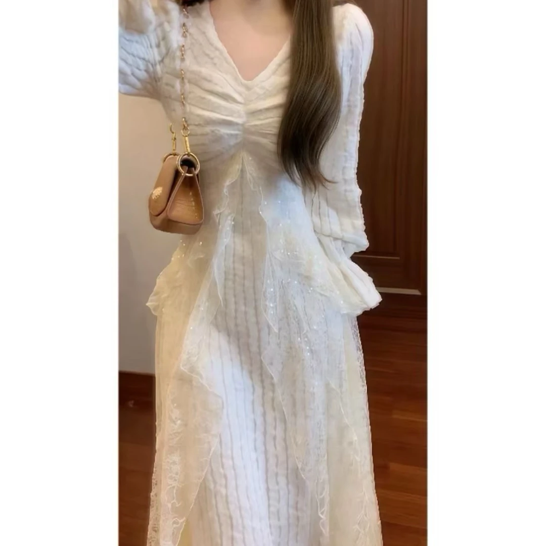 秋冬加厚蕾丝羽毛纱磨毛高级感长袖连衣裙女冬装裙子打底长裙8180