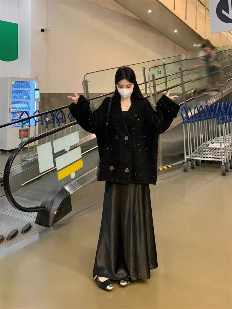 毛衣开衫外套女冬季上衣设计感垂感半身裙高级感两件套装8183