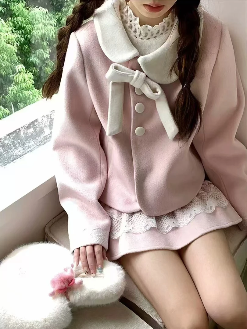 【白桃乌龙】蕾丝拼接毛呢套装女粉色短款毛呢外套短款两件套半身裙