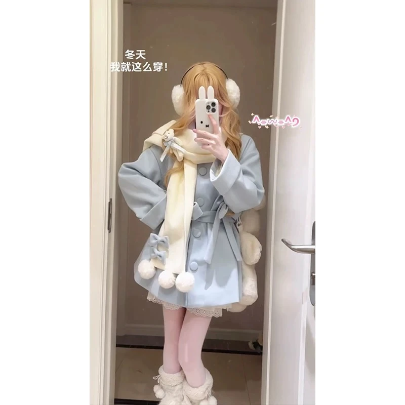 初雪小熊~秋冬氛围感日系软妹小熊围巾中长款毛呢外套甜美套装女