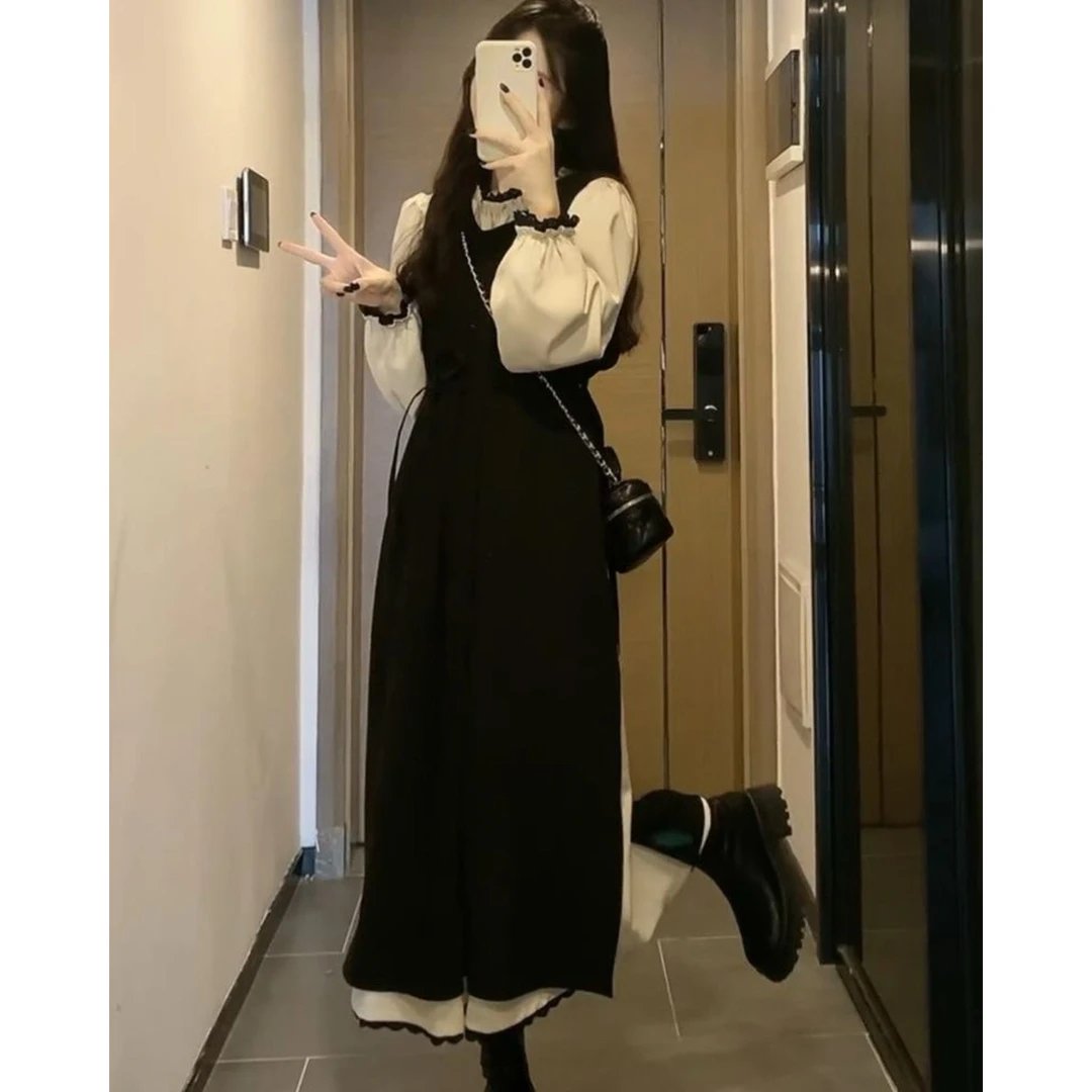 法式连衣裙子女秋季2024新款高级感气质显瘦收腰长裙马甲两件套装