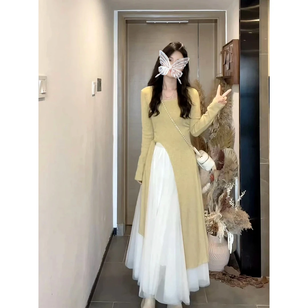 气质圆领长袖开叉不规则针织连衣裙蕾丝温柔百搭半身裙两件套8121