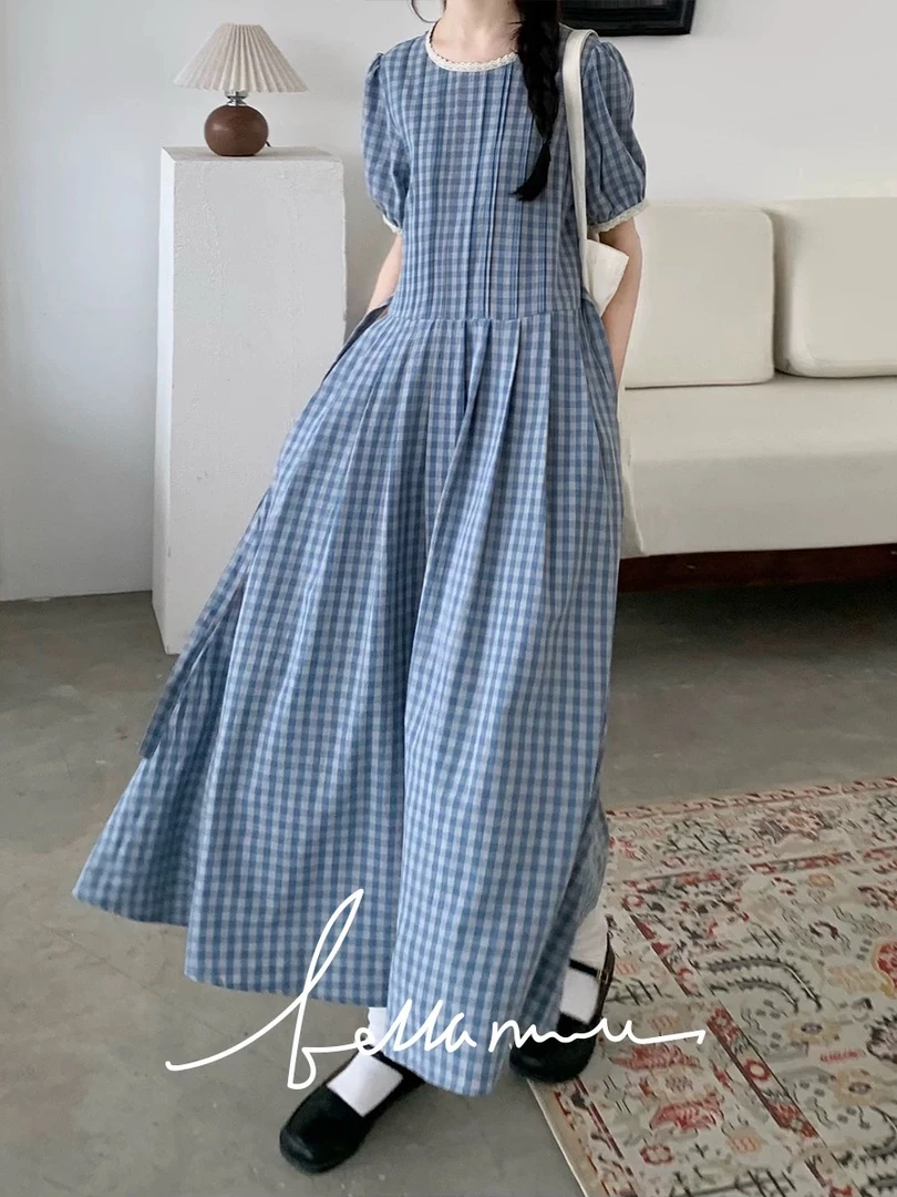 显白的蓝格百搭圆领花边小米格显瘦连衣裙夏季气质长裙971