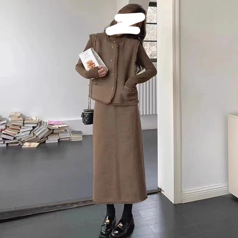 高级感复古御姐气质休闲套装女春秋新款时尚马甲半身裙三件套8046