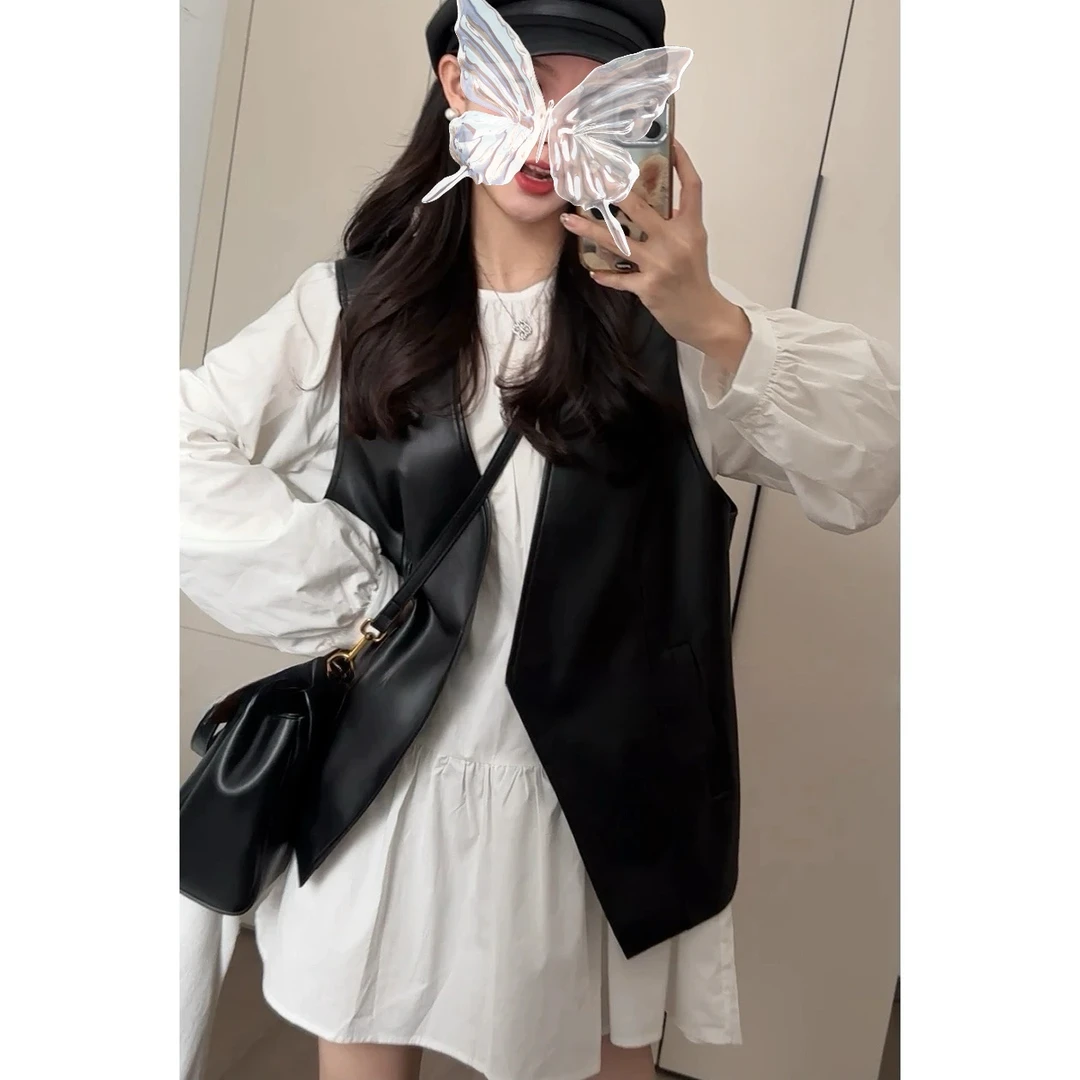 休闲时尚气质套装女2024秋季新款女装衬衫连衣裙皮马甲两件套女装