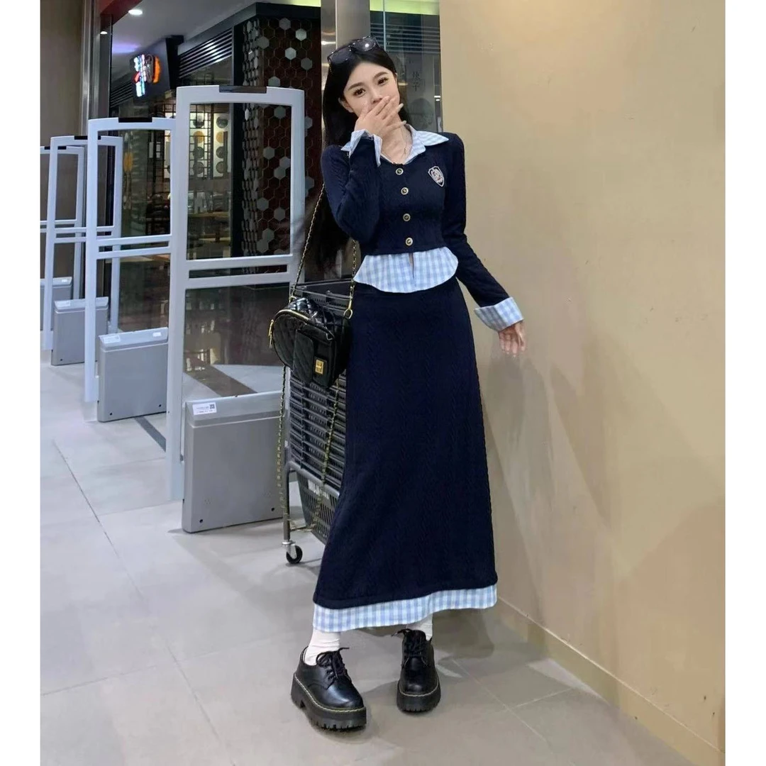 2024早秋年学院风套装假两件长袖针织衫女搭高腰开叉半身裙两件套