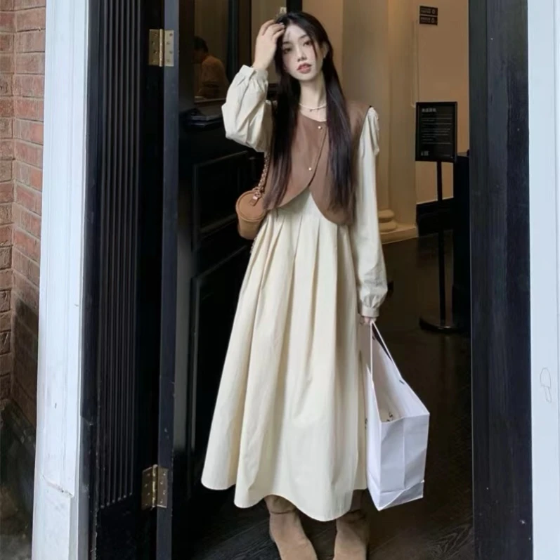 小众叠穿秋季2024新款长袖连衣裙短款皮马甲上衣套装8034