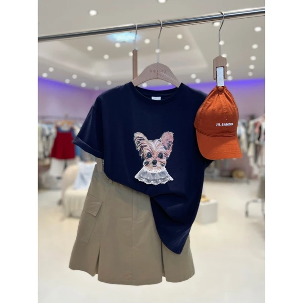 B韩国原单【吉娃娃】东大门韩版夏季新款百搭印花蕾丝小狗T恤9145