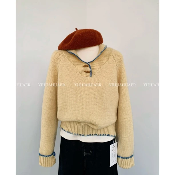 B韩国原单X【奶黄包】东大门韩版奶系牛角扣Polo领锁边毛衣9605现