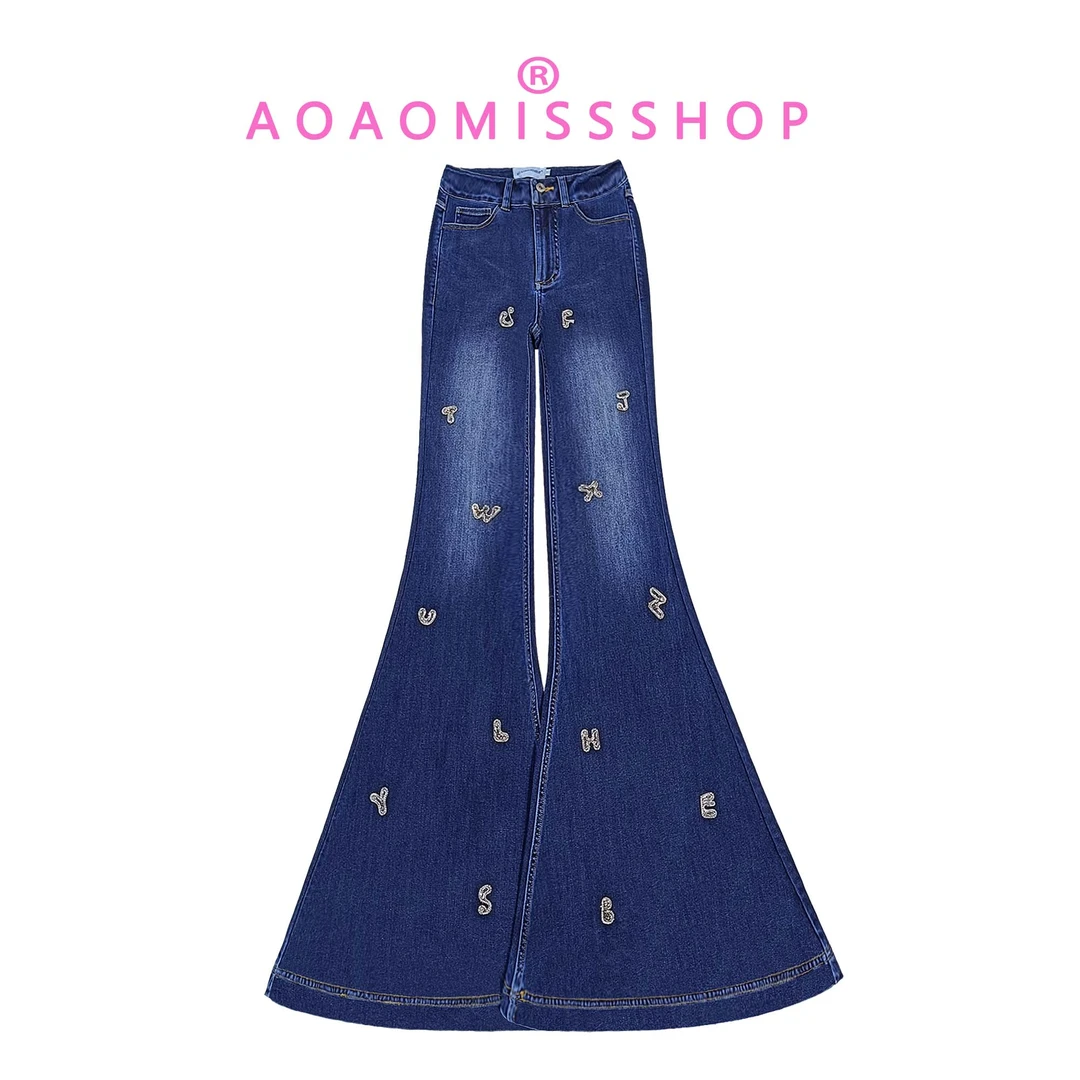 【深蓝字母钻大喇叭】AOAOMISSSHOP鳌鳌家牛仔弹力高腰修身长裤37/1