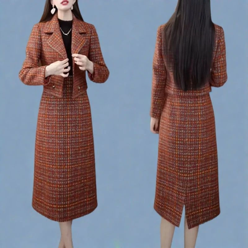 时尚休闲套装裙女2025秋季新款西装外套蕾丝拼接开叉连衣裙两件套