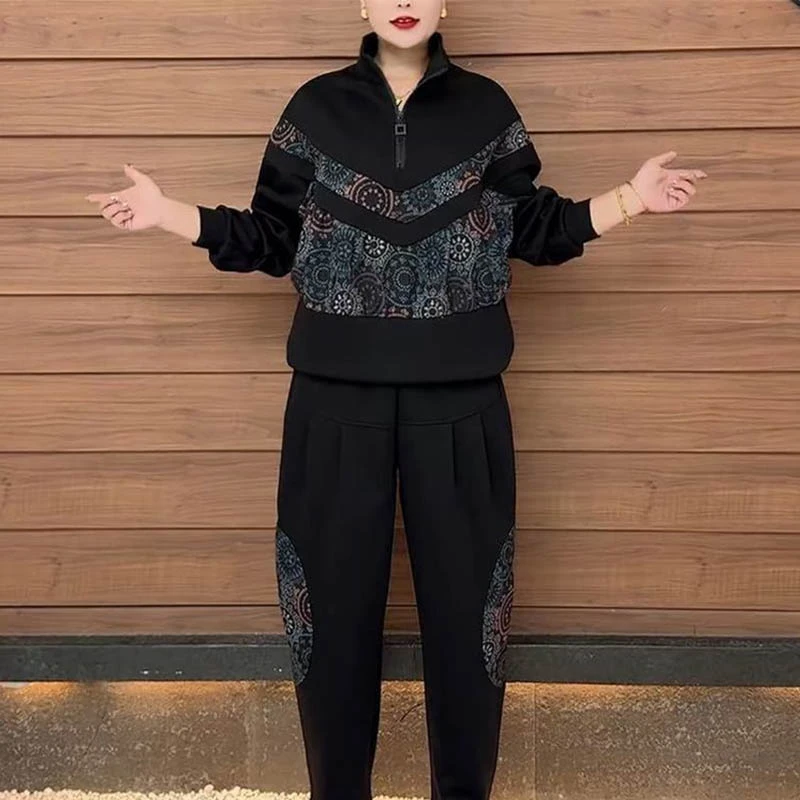 2025秋季新款时尚休闲运动套装女宽松显瘦半拉链上衣哈伦裤两件套