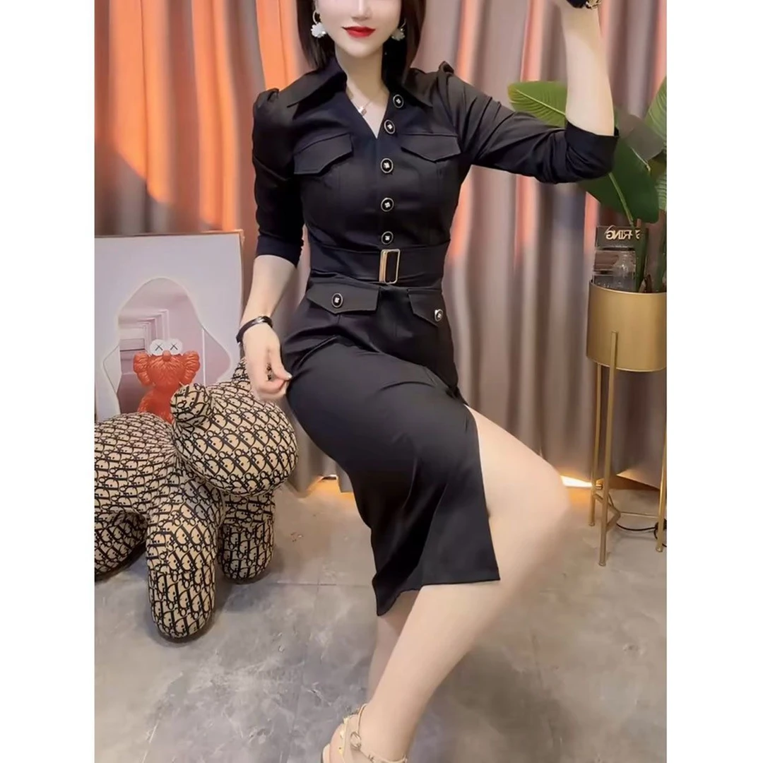 时尚衬衫领长袖连衣裙女2025秋季新款小香风气质收腰显瘦中长裙子