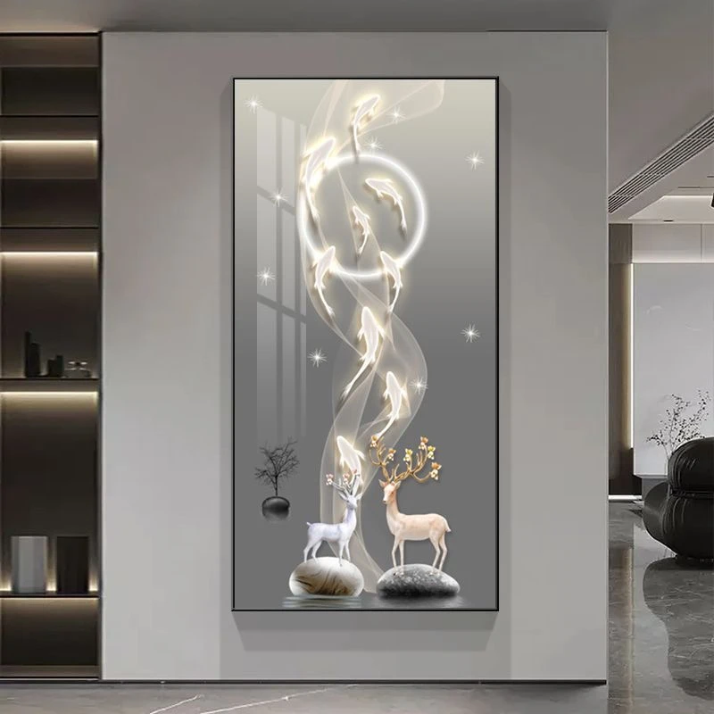 玄关装饰画客厅竖版挂画走廊过道中式风水画现代简约晶瓷镶钻画
