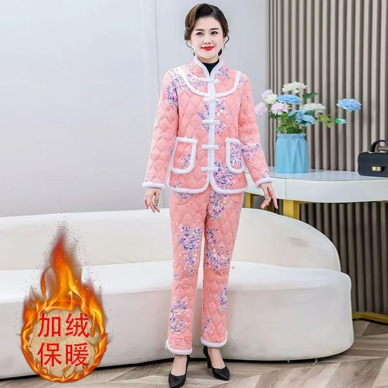 加厚棉衣棉裤两件套新中式居家网红超厚盘扣时尚加绒加厚减龄洋气