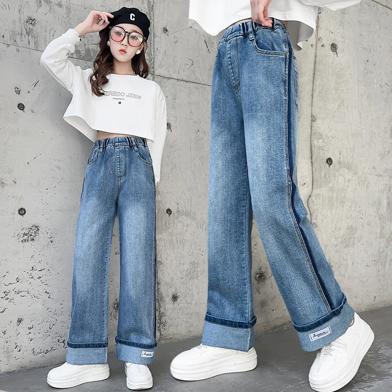 春秋装女童阔腿裤宽松洋气儿童直筒裤外穿休闲长裤中大童牛仔裤子