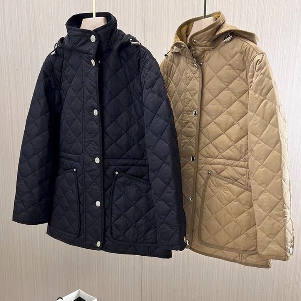 棉服女2023秋冬复古菱格连帽新款保暖秋冬轻薄修身显瘦棉衣外套女