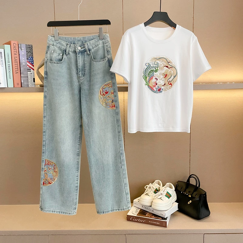 夏季爆款套装女2024年最新款牛仔裤T恤印花短袖减龄中国风两件套