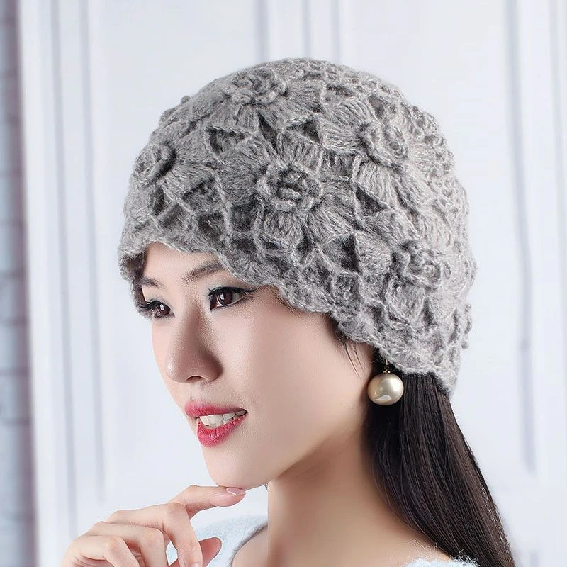 包头帽女针织帽手工马海毛百搭显年轻秋冬修饰脸型显脸小双层钩花