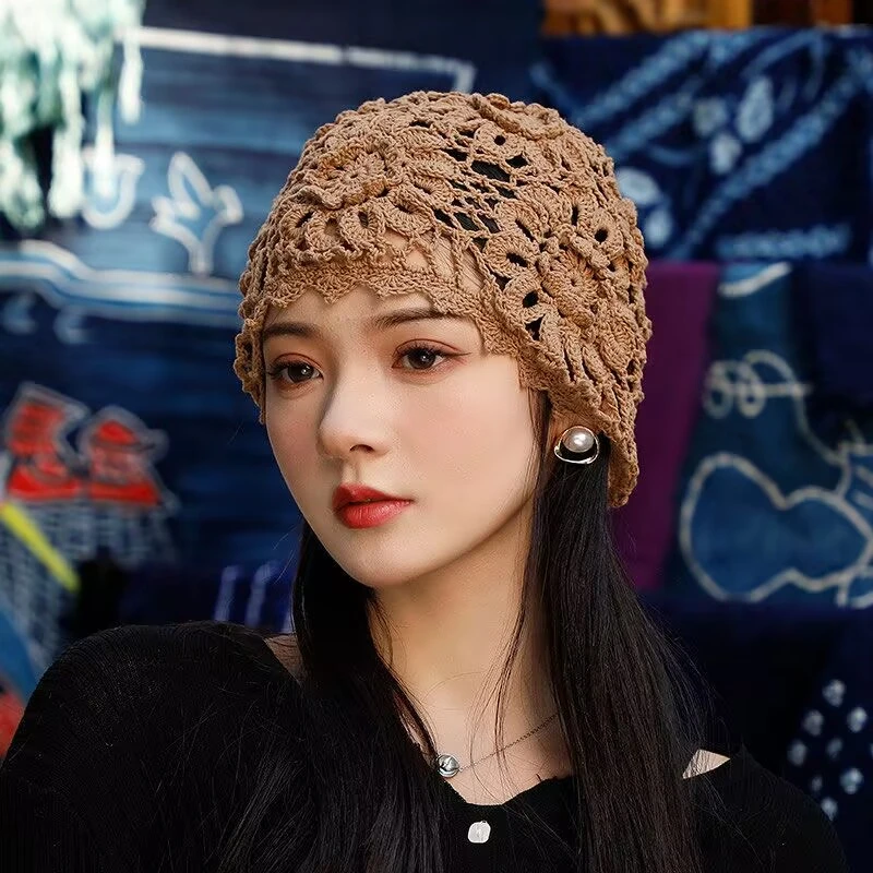 新款手工编织钩花帽时尚洋气帽子女春秋百搭花朵针织包头帽显脸小
