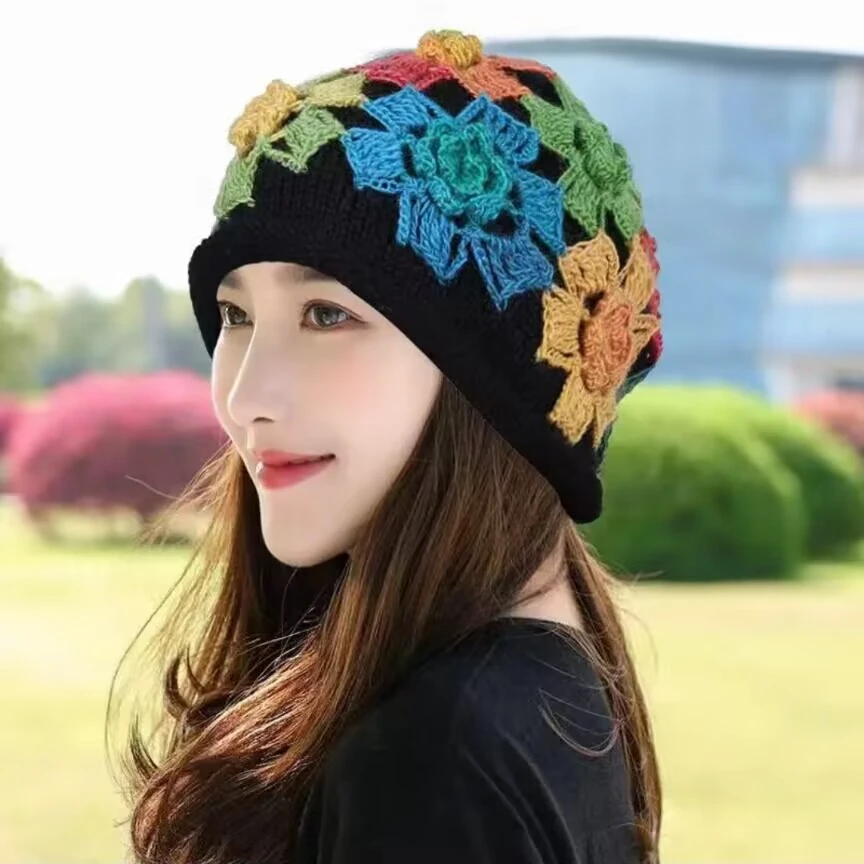 手钩彩色花朵镂空包头帽女秋冬保暖堆堆时尚针织毛线帽显年轻时尚