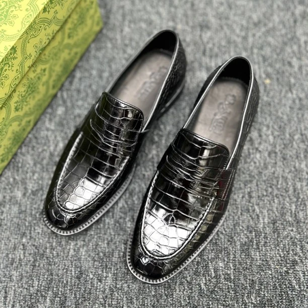 美易鳄鳄鱼皮真皮皮鞋男款乐福一脚蹬水洗工艺黑色休闲正装商务