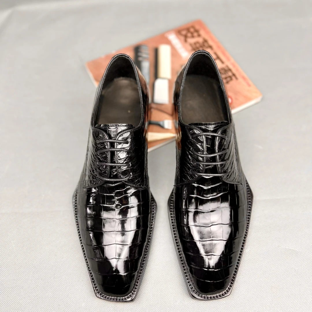 美易鳄鱼皮固特异手工男鞋黑色正装商务方头皮鞋商务正装鞋