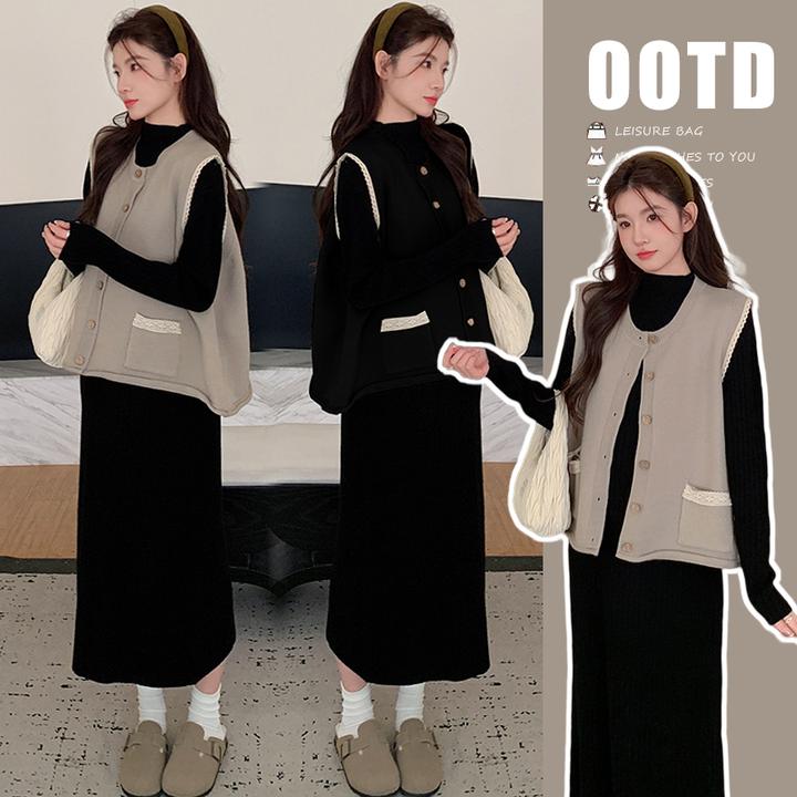 2024秋冬季韩版洋气蕾丝花边加厚针织背心 半高领中长款连衣长裙