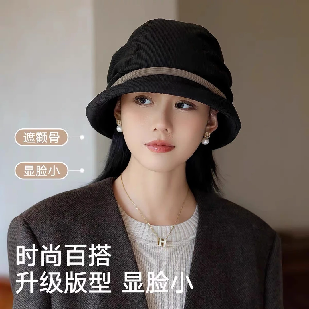 2024新款秋冬堆堆帽高级感灯芯绒渔夫帽二合一显脸小保暖女士盆帽