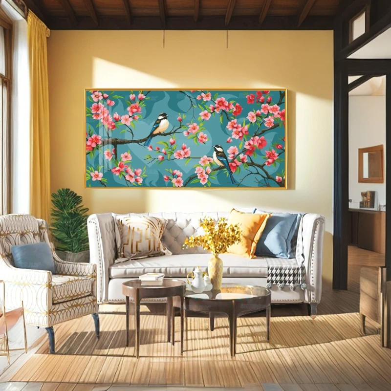 升级横板喜上眉梢十字绣现代简约花卉吉祥客厅装饰画手工线绣四股