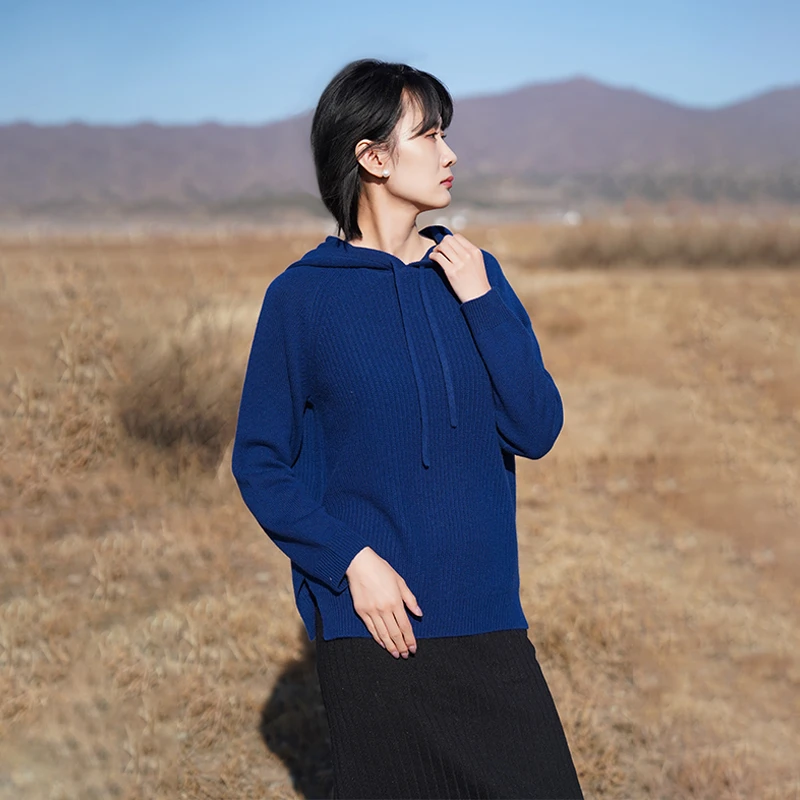 TALMUS/塔拉牧丝秋冬保暖羊绒连帽宽松休闲优雅针织纯色女士套衫