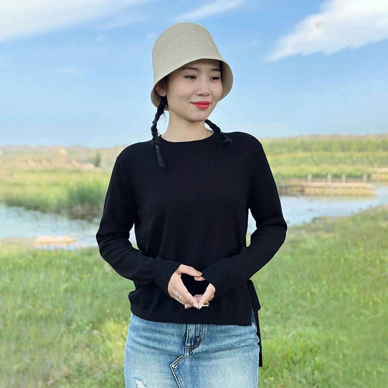 TALMUS/塔拉牧丝春秋精纺羊绒圆领休闲时尚纯色针织女士套衫