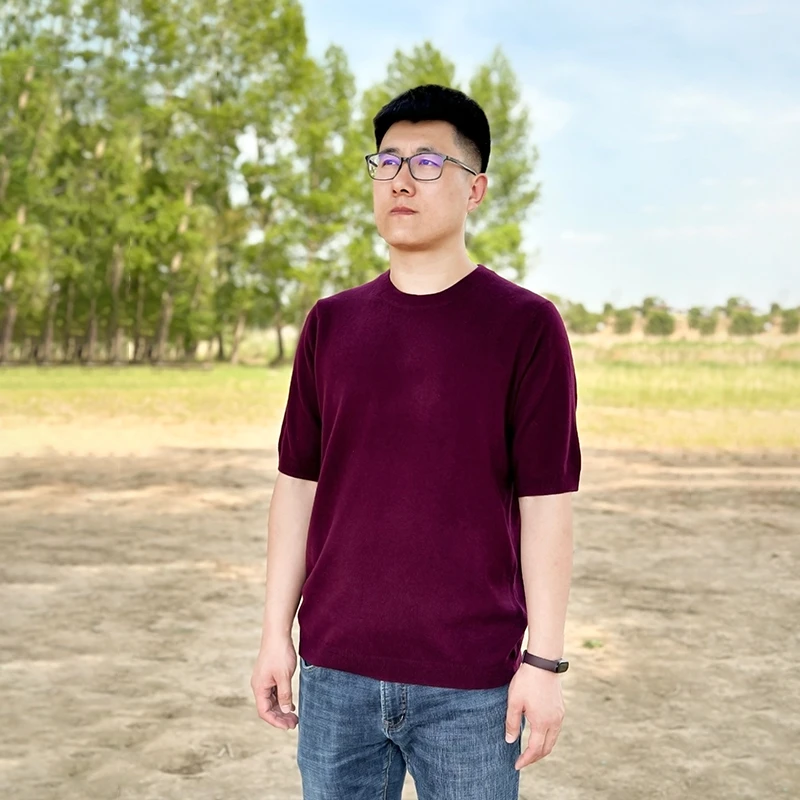 TALMUS/塔拉牧丝男士圆领羊绒软糯亲肤简约百搭舒适针织半袖衫