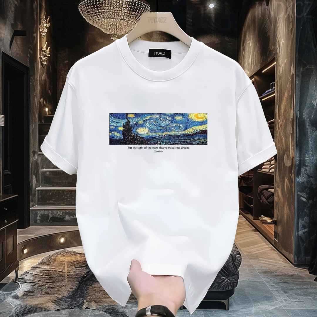 短袖男圆领夏季ins百搭印花休闲日常梵高星空纯棉半袖上衣男生t恤