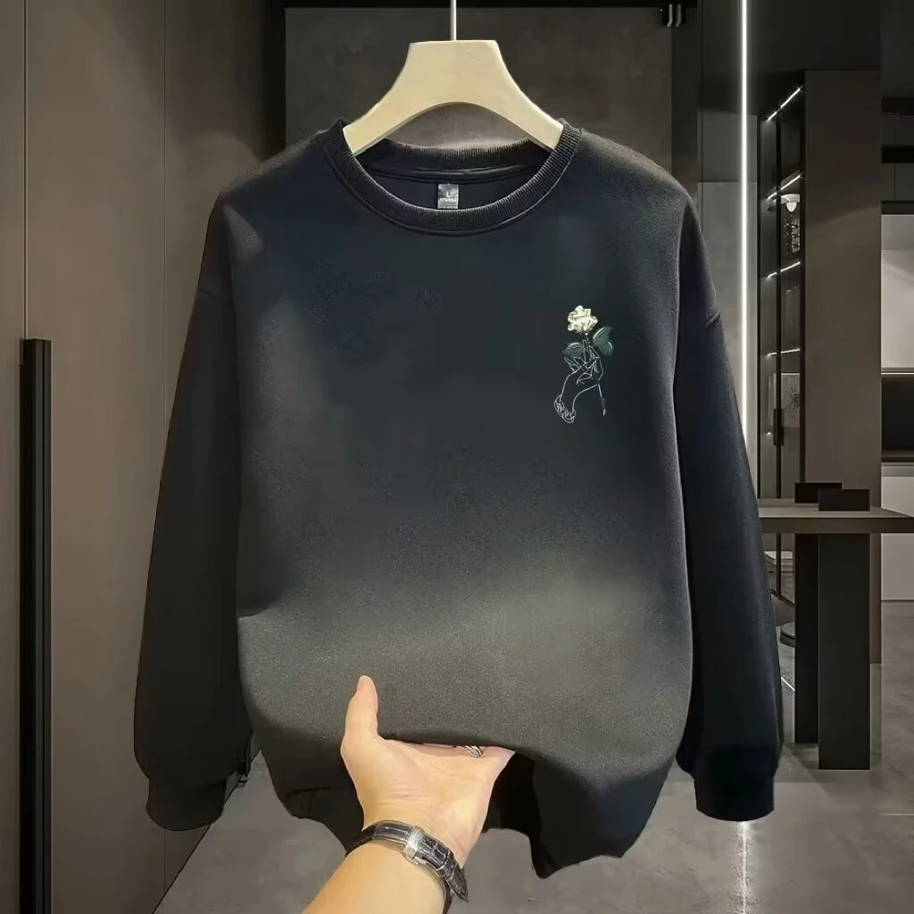 2024秋冬爆款百搭美式加绒加厚字母印花宽松圆领简约秋季男上衣