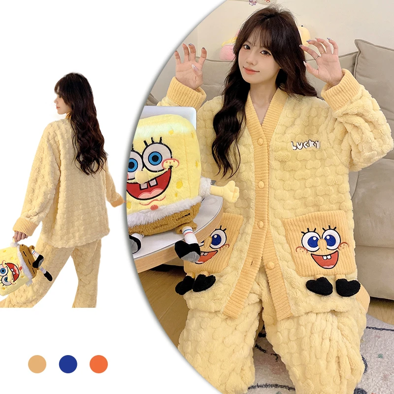 秋冬季女士提花珊瑚绒睡衣加厚保暖卡通套装法兰绒学生休闲家居服