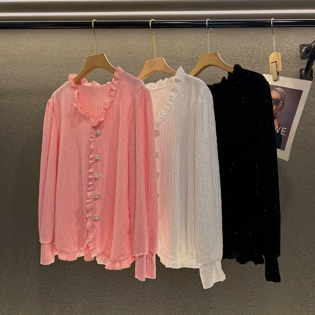 2035款菲子边纽扣宽松显瘦遮肉时尚长袖百搭气质