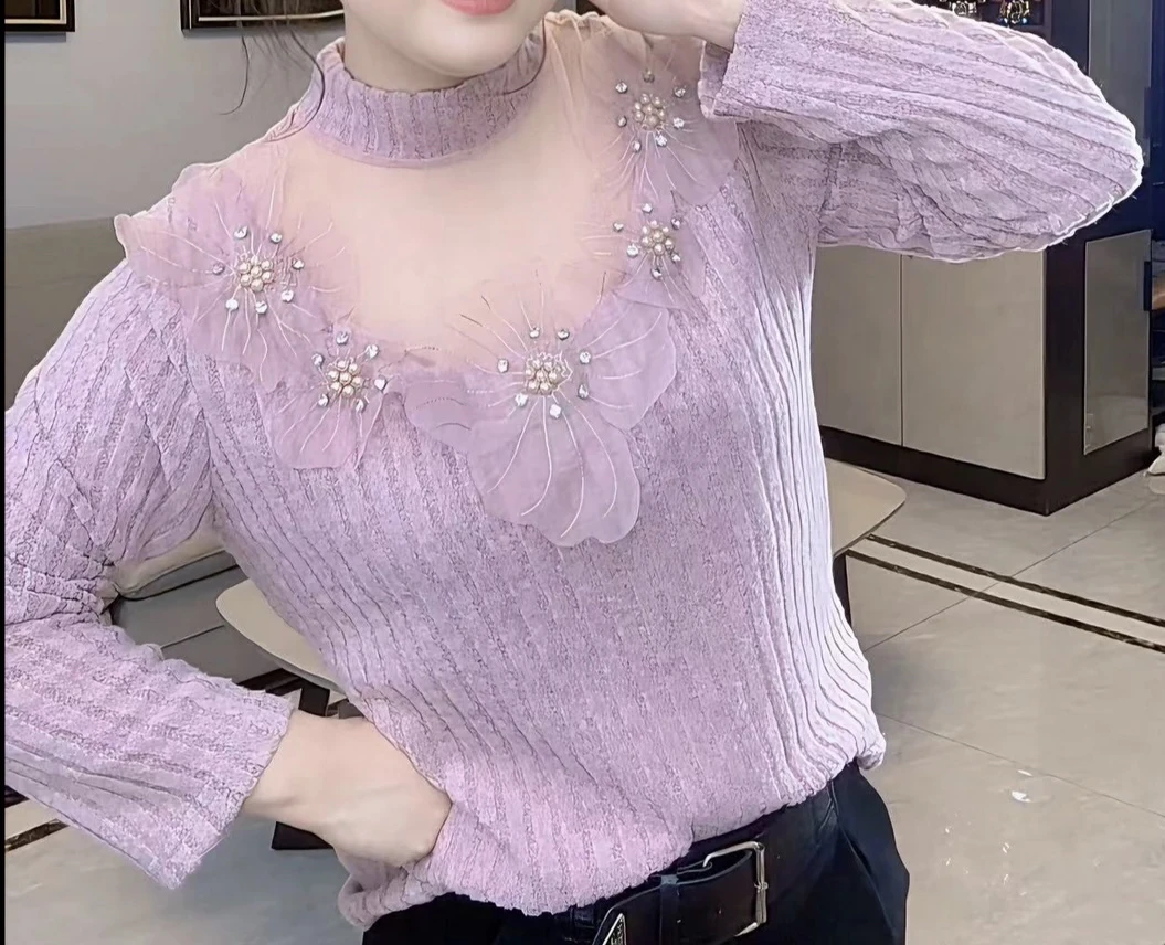 新款重工菲子花满钻宽松显瘦遮肉打底长袖气质时尚百搭