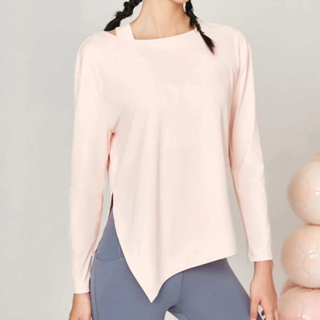 运动上衣女宽松休闲不规则亲肤长袖跳操健身服速干T恤