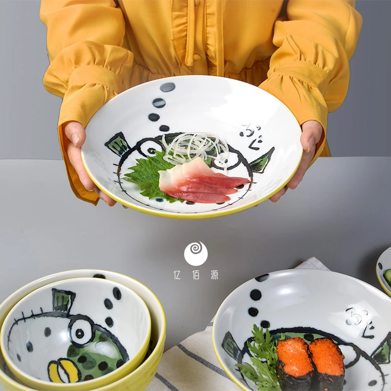 日本进口美浓烧釉下彩陶瓷餐具包邮家用日式海洋河豚饭碗面碗深盘