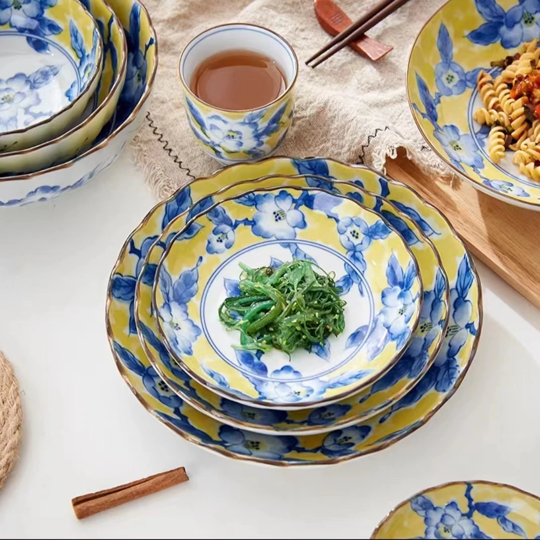 日本制美浓烧釉下彩三峰陶苑蓝三味黄彩花纹系列碗杯盘钵包邮面碗